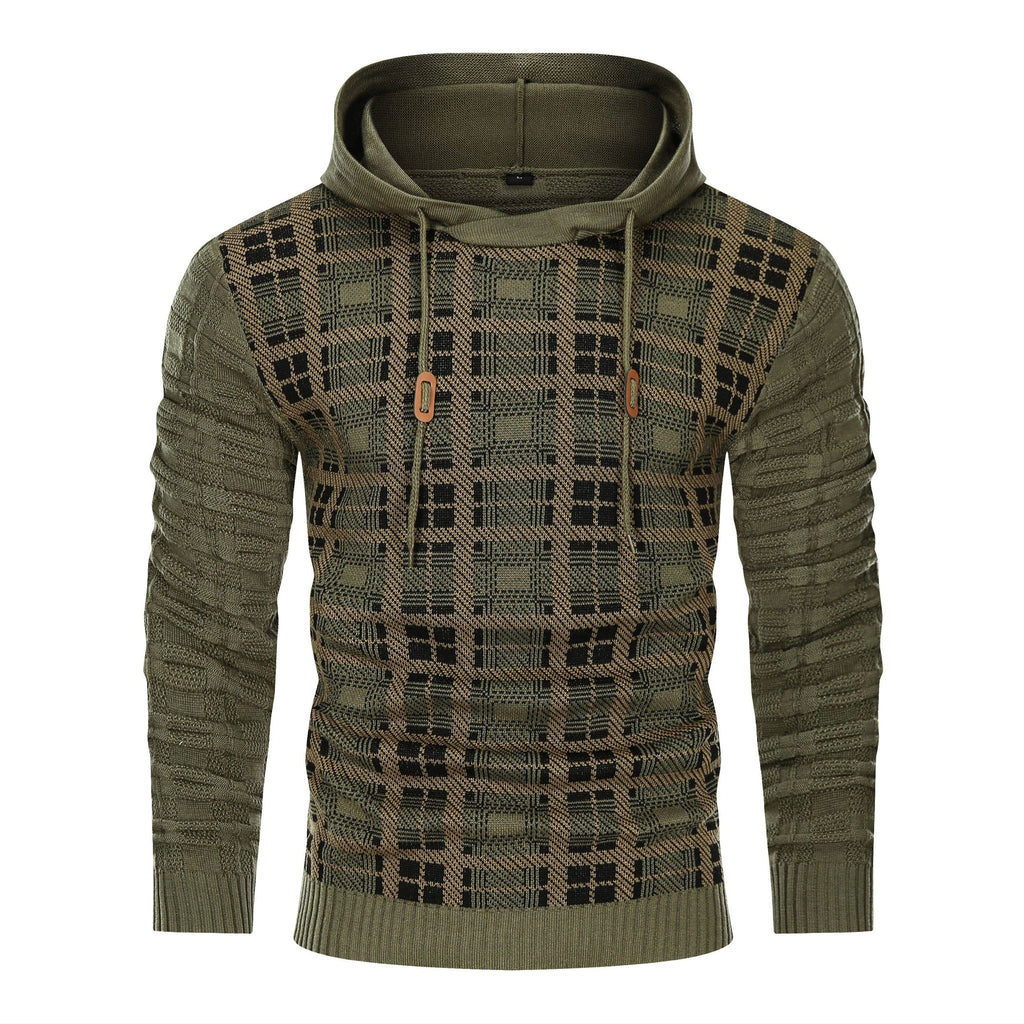 Men's Textured Knit Hoodie – Check Pattern Drawstring Hood