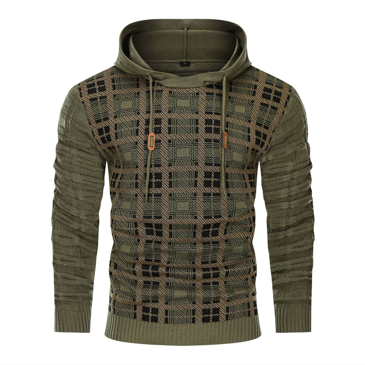 Men's Textured Knit Hoodie – Check Pattern Drawstring Hood