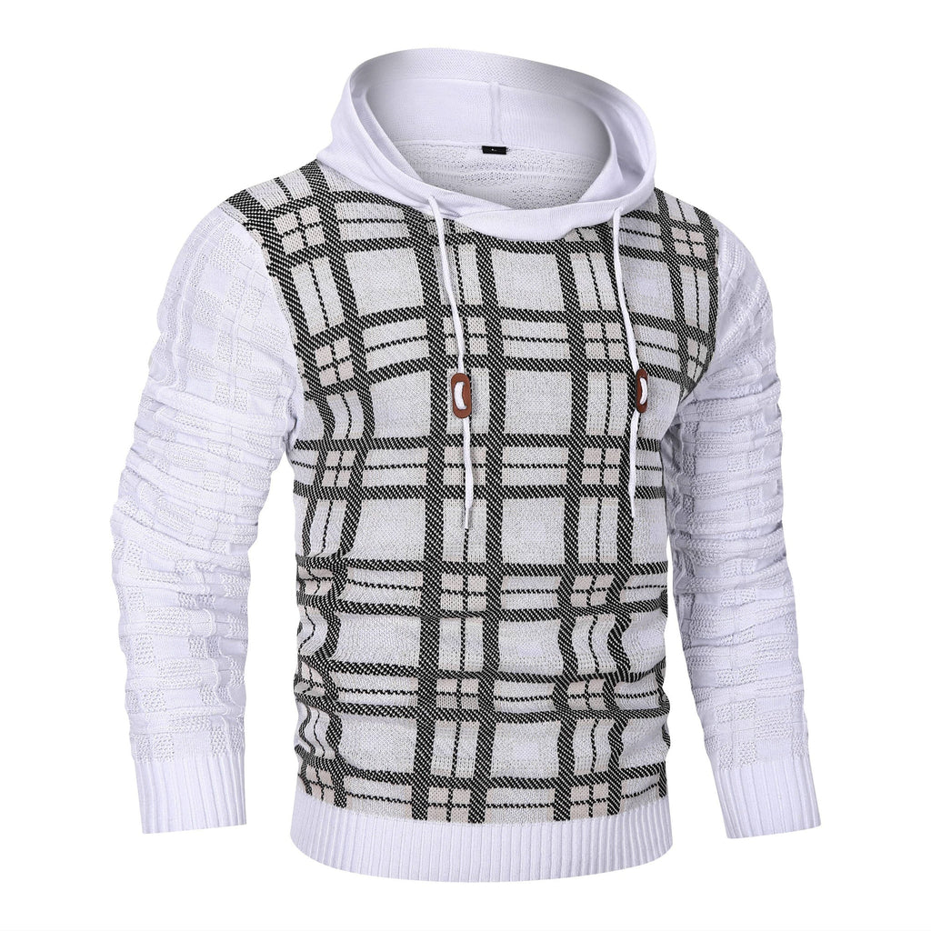 Men's Textured Knit Hoodie – Check Pattern Drawstring Hood