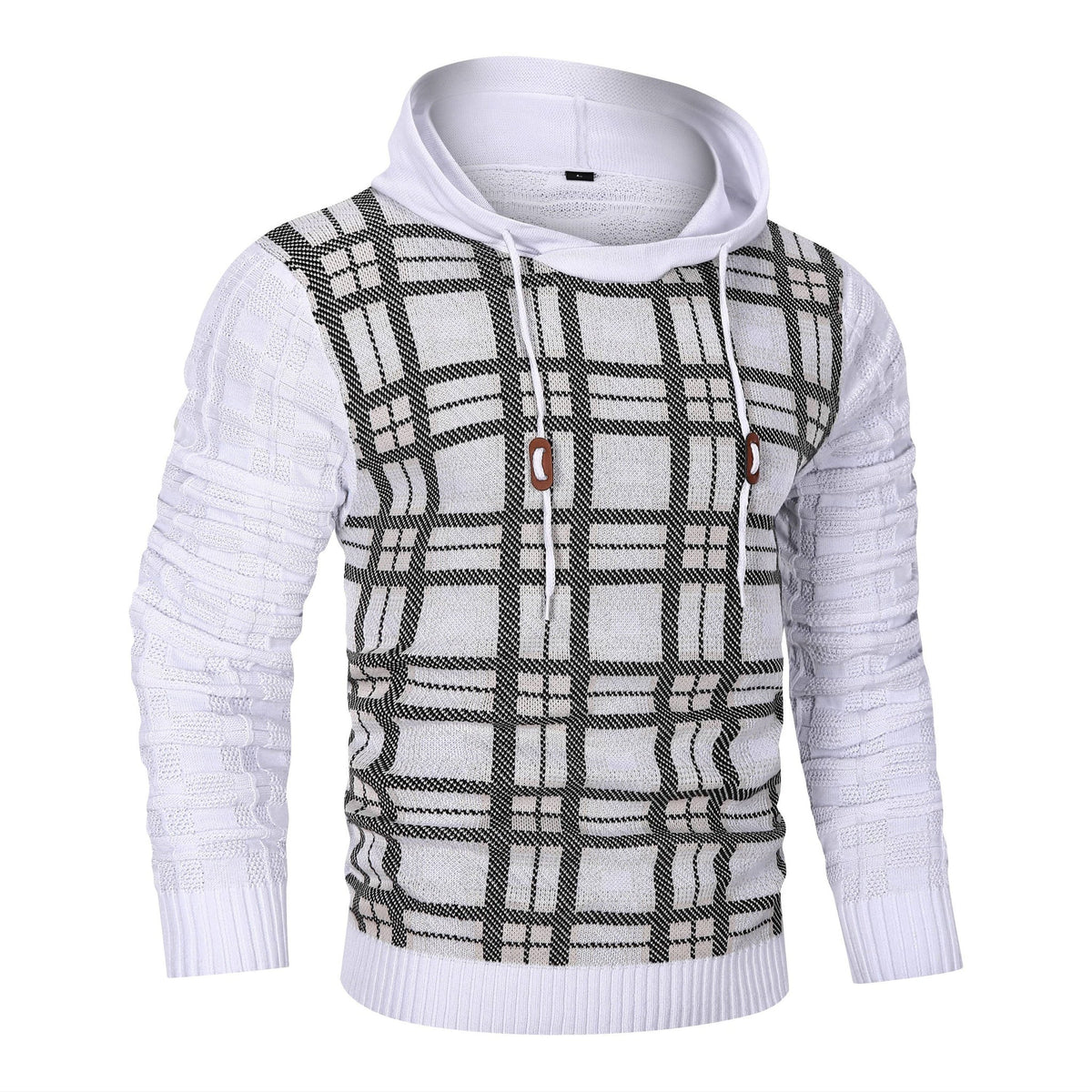 Men's Textured Knit Hoodie – Check Pattern Drawstring Hood