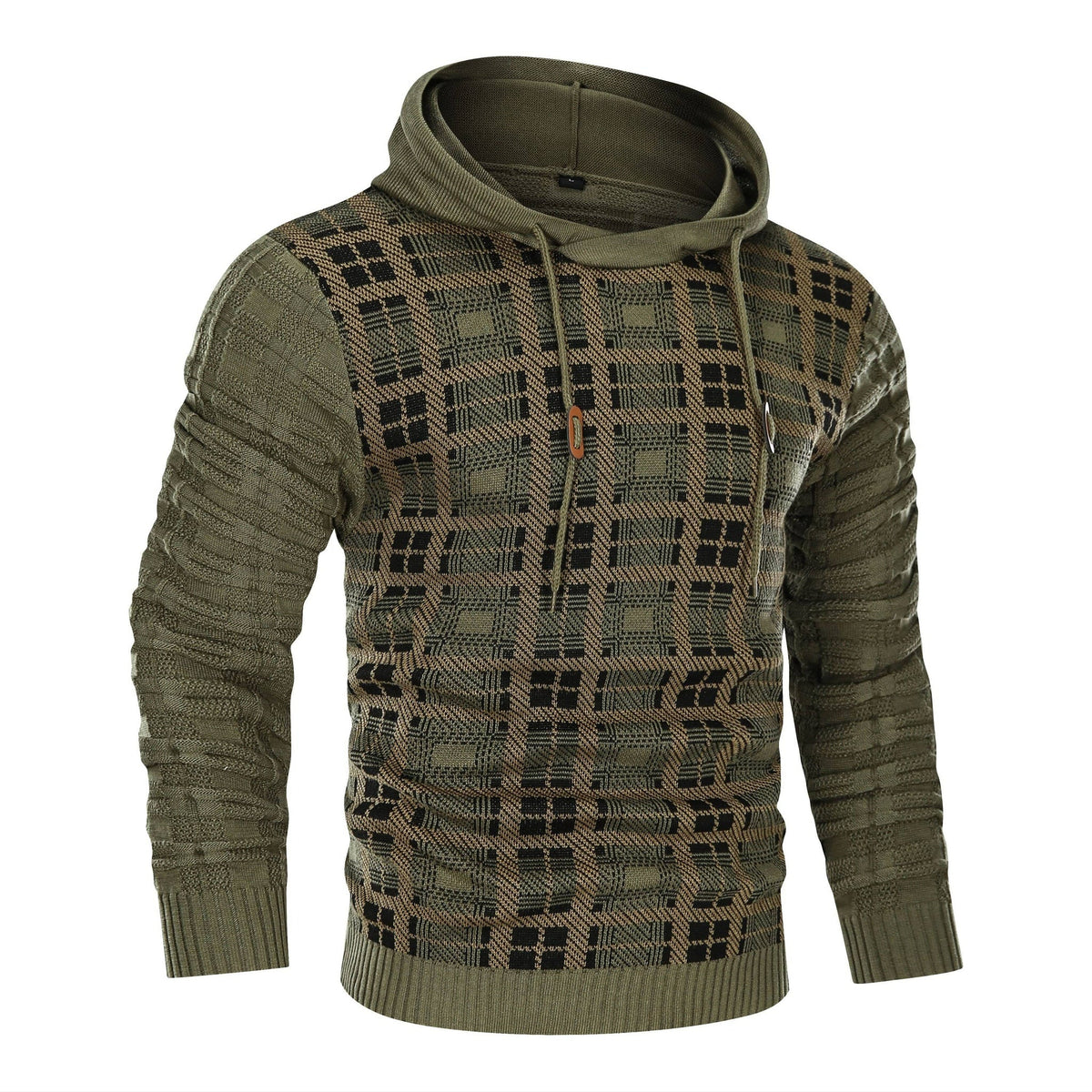 Men's Textured Knit Hoodie – Check Pattern Drawstring Hood