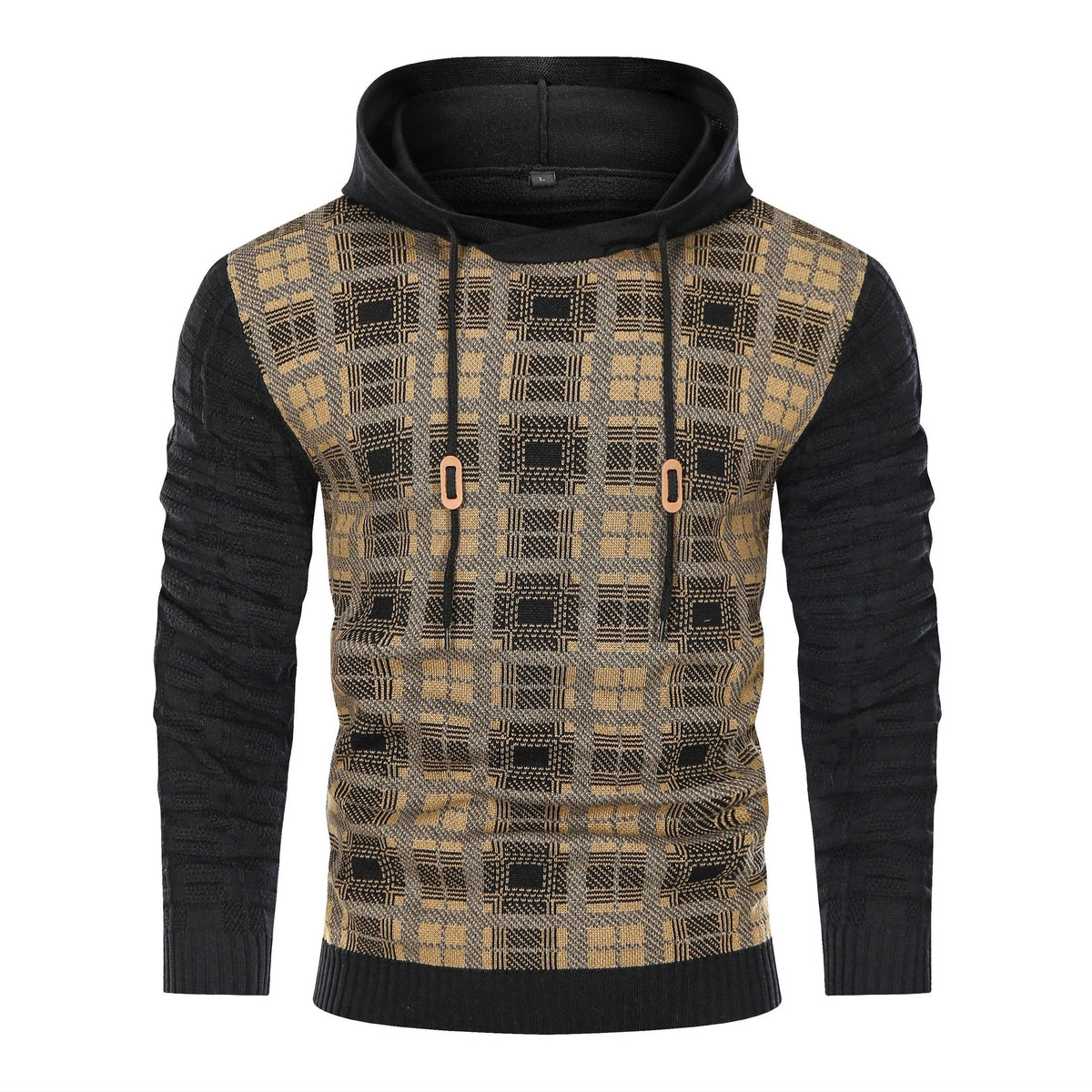 Men's Textured Knit Hoodie – Check Pattern Drawstring Hood