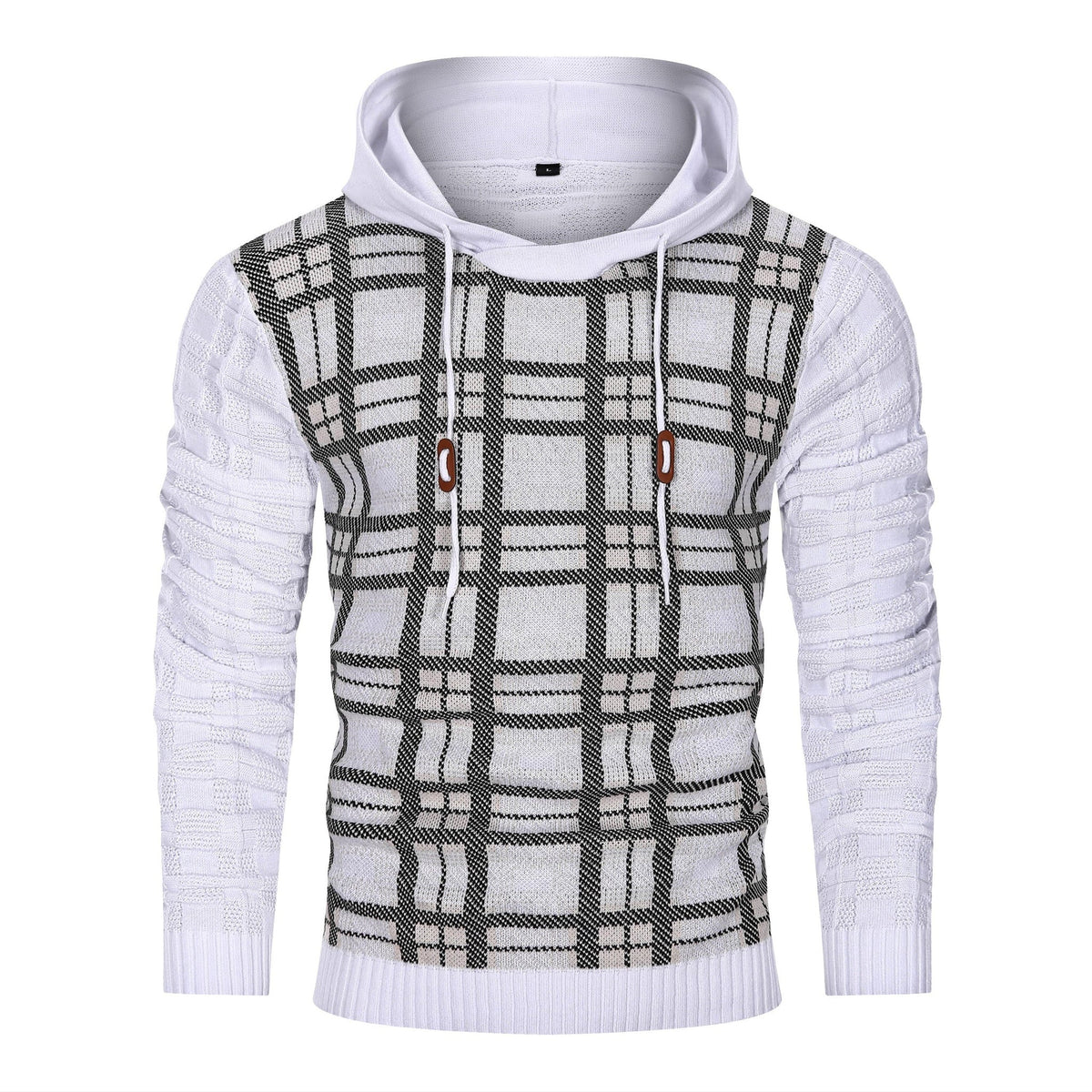 Men's Textured Knit Hoodie – Check Pattern Drawstring Hood