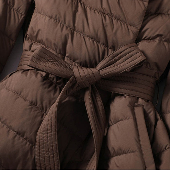 Women's Quilted Puffer Jacket – Belted Waist Shawl Collar