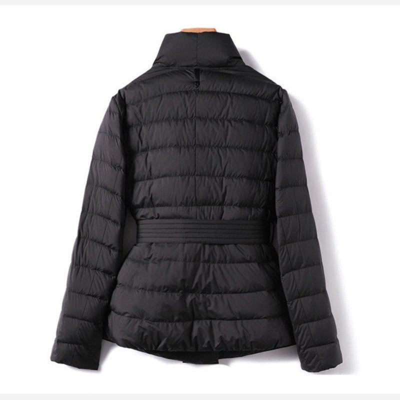 Women's Quilted Puffer Jacket – Belted Waist Shawl Collar