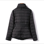 Women's Quilted Puffer Jacket – Belted Waist Shawl Collar