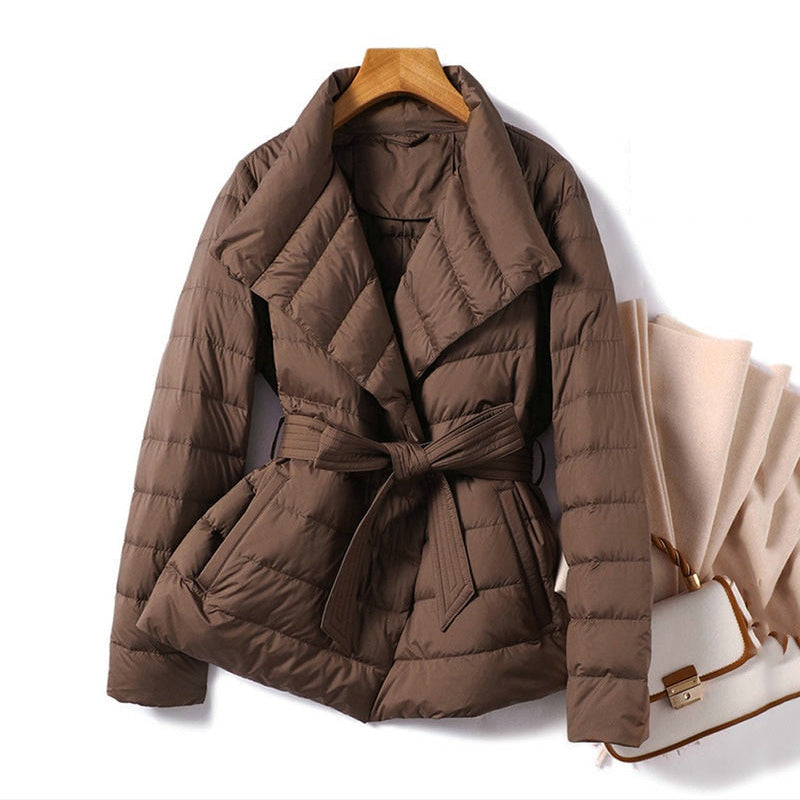 Women's Quilted Puffer Jacket – Belted Waist Shawl Collar