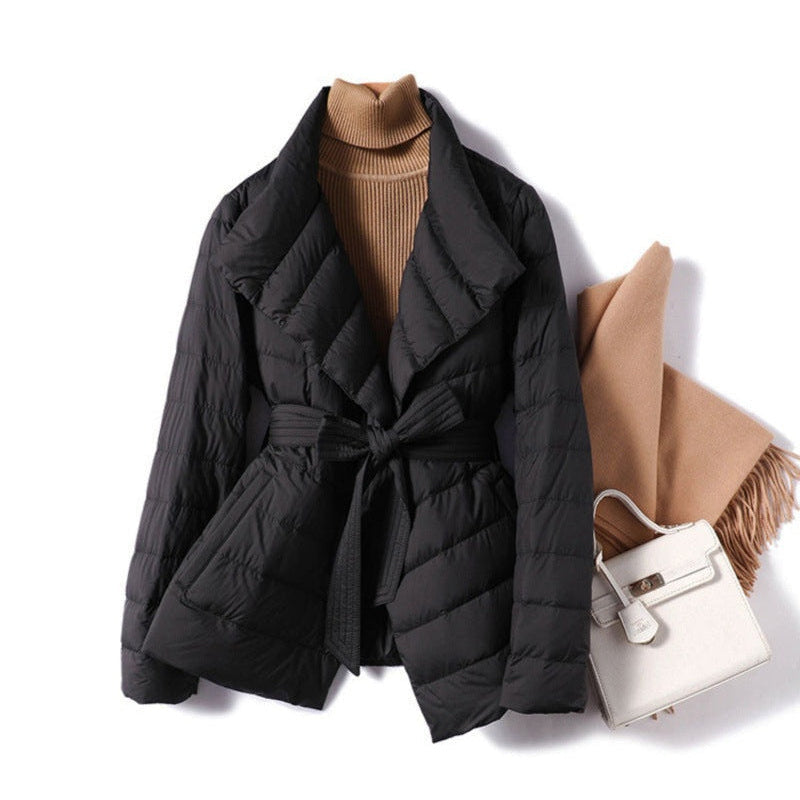 Women's Quilted Puffer Jacket – Belted Waist Shawl Collar