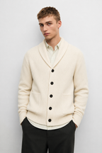 Men's Wool Knit Cardigan – Ribbed Shawl Collar Button Front