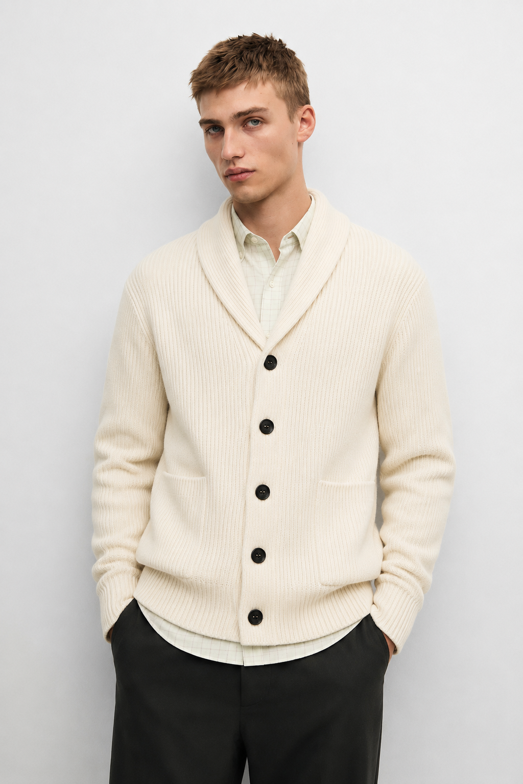 Men's Wool Knit Cardigan – Ribbed Shawl Collar Button Front