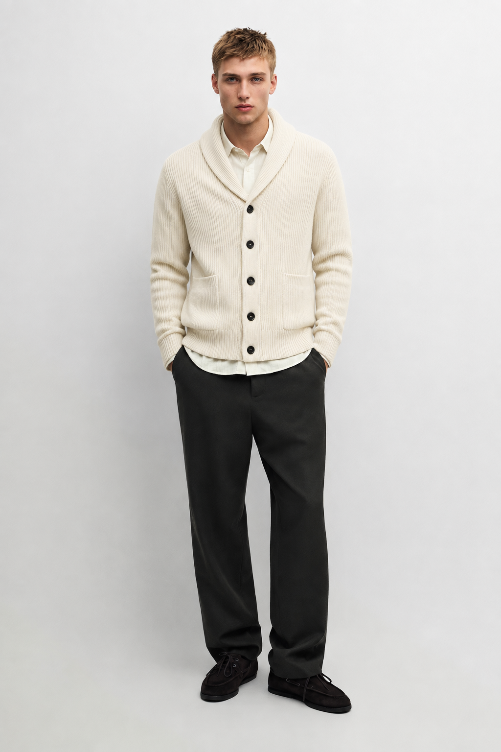 Men's Wool Knit Cardigan – Ribbed Shawl Collar Button Front