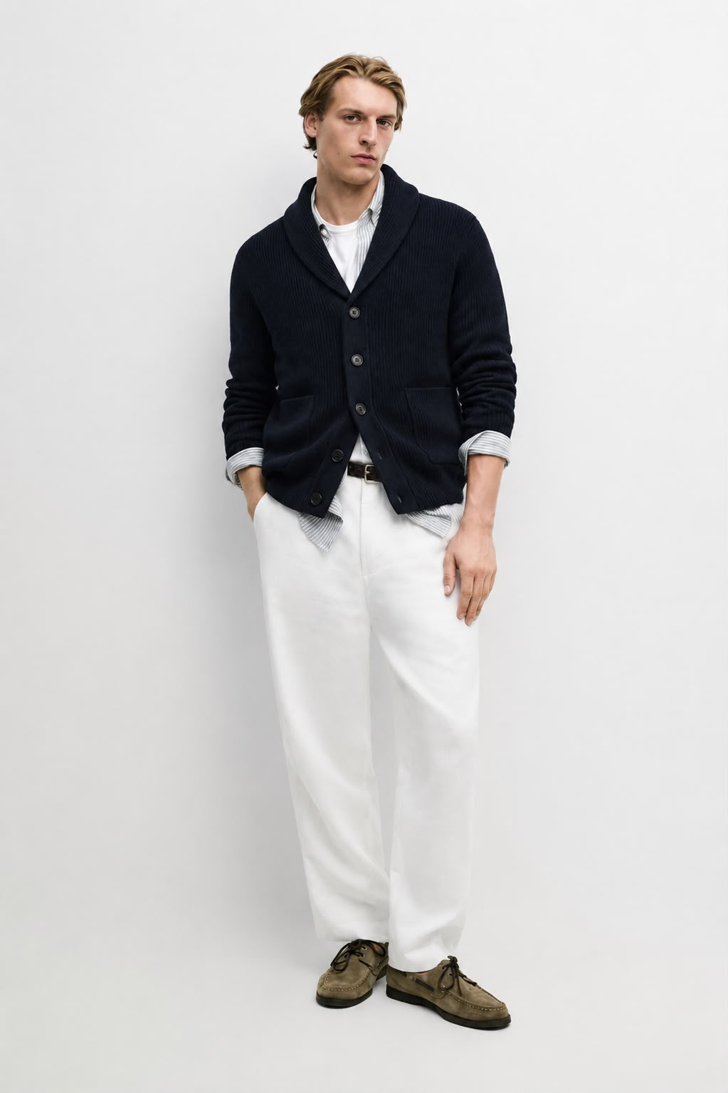 Men's Wool Knit Cardigan – Ribbed Shawl Collar Button Front