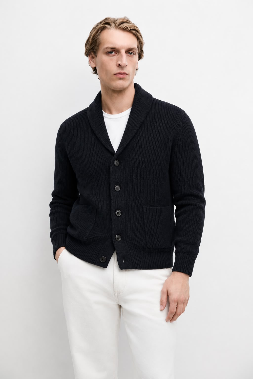 Men's Wool Knit Cardigan – Ribbed Shawl Collar Button Front