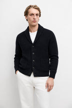 Men's Wool Knit Cardigan – Ribbed Shawl Collar Button Front