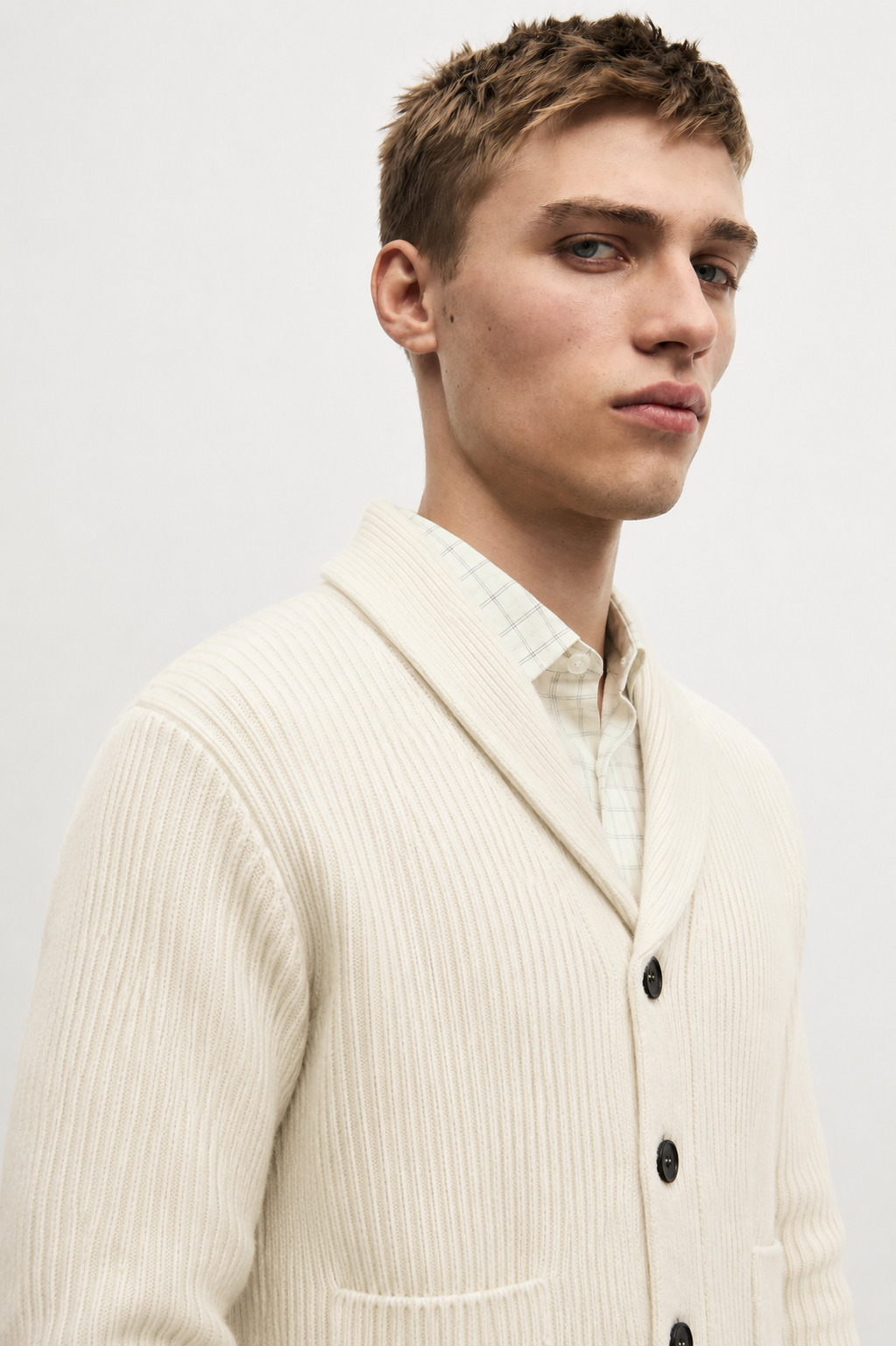 Men's Wool Knit Cardigan – Ribbed Shawl Collar Button Front