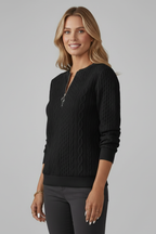 Women's Cable Knit Jumper – Quarter Zip Neck Long Sleeve