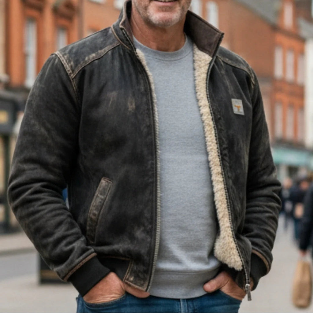 Men's Vintage Denim Bomber Jacket – Sherpa Lined Zip Up