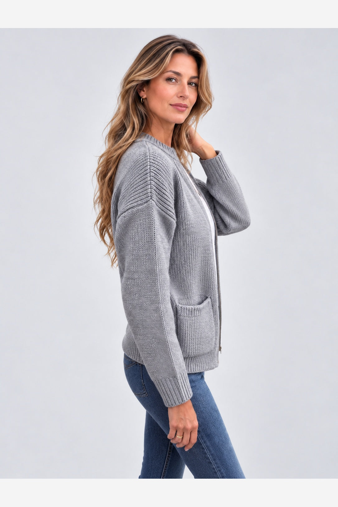 Women's Ribbed Knit Cardigan – Full Zip Stand Collar Pockets
