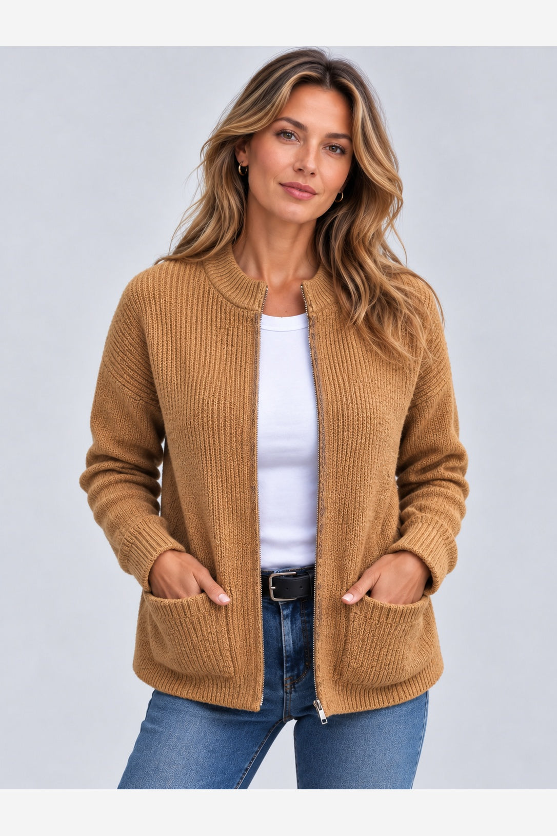 Women's Ribbed Knit Cardigan – Full Zip Stand Collar Pockets