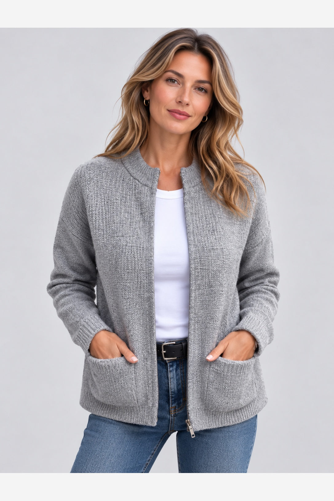 Women's Ribbed Knit Cardigan – Full Zip Stand Collar Pockets