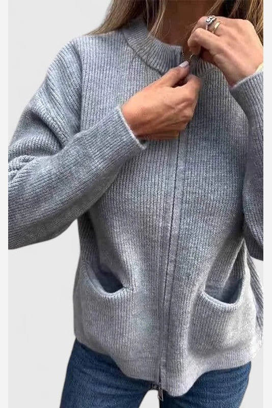 Women's Ribbed Knit Cardigan – Full Zip Stand Collar Pockets