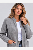 Women's Ribbed Knit Cardigan – Full Zip Stand Collar Pockets