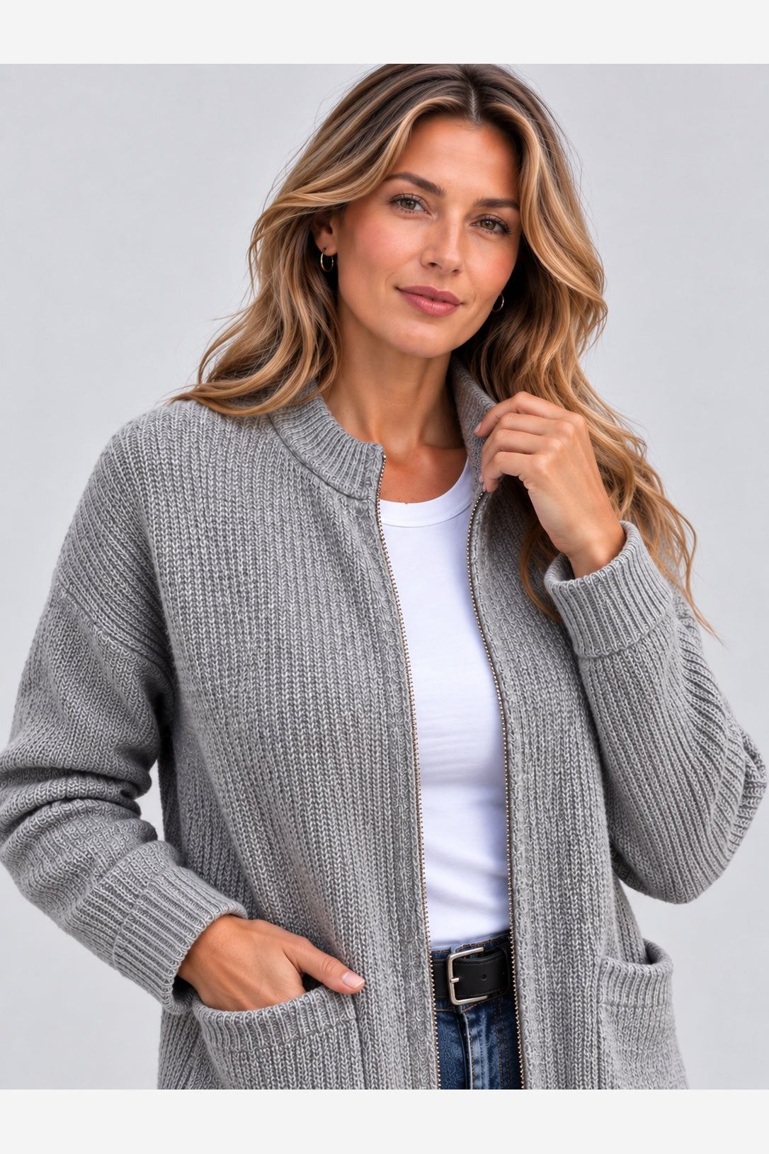 Women's Ribbed Knit Cardigan – Full Zip Stand Collar Pockets