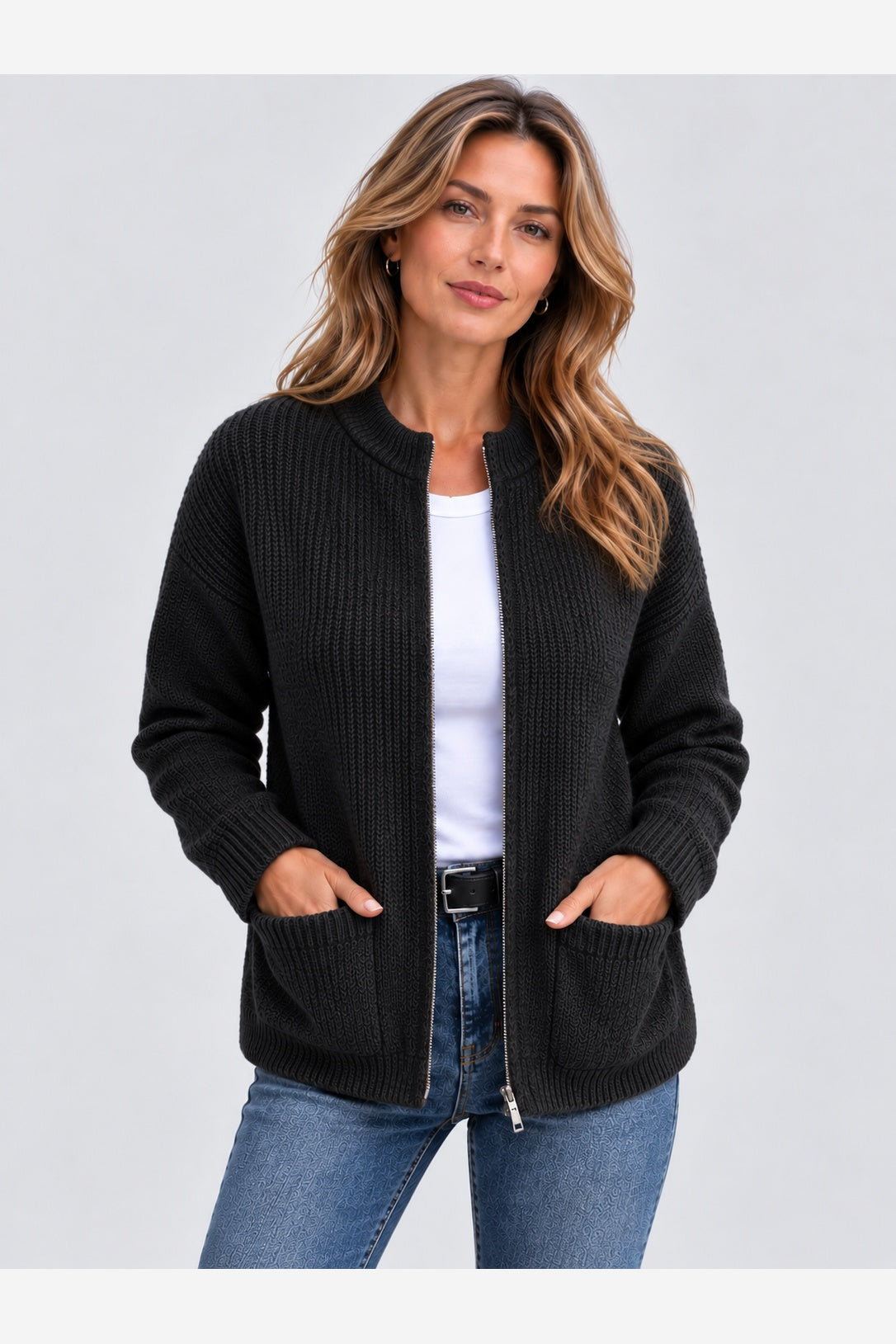 Women's Ribbed Knit Cardigan – Full Zip Stand Collar Pockets