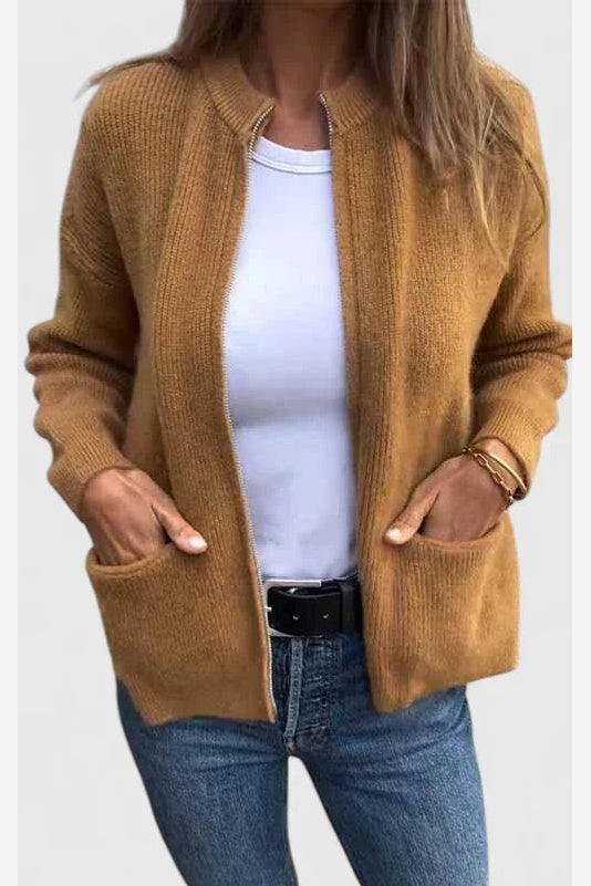 Women's Ribbed Knit Cardigan – Full Zip Stand Collar Pockets