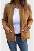 Women's Ribbed Knit Cardigan – Full Zip Stand Collar Pockets