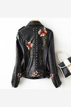 Women's Floral Embroidered Biker Jacket – Studded Zip Up