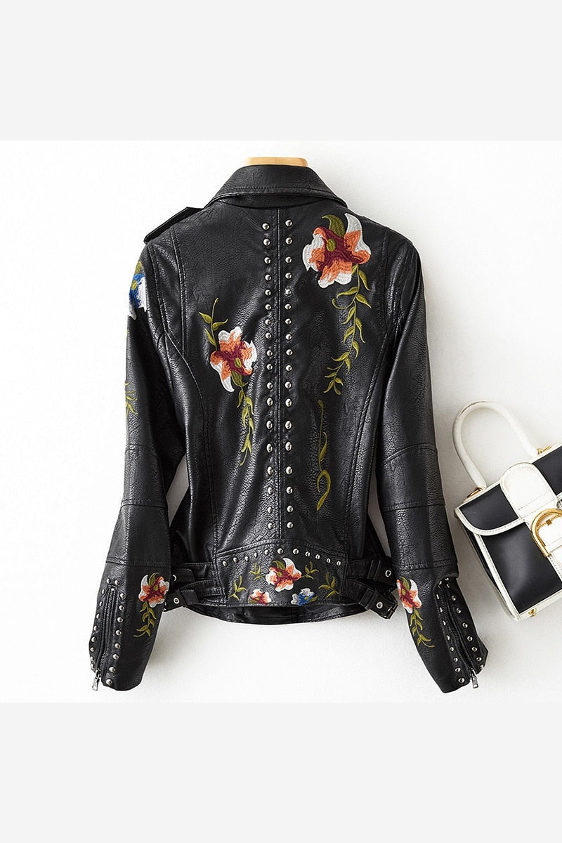 Women's Floral Embroidered Biker Jacket – Studded Zip Up