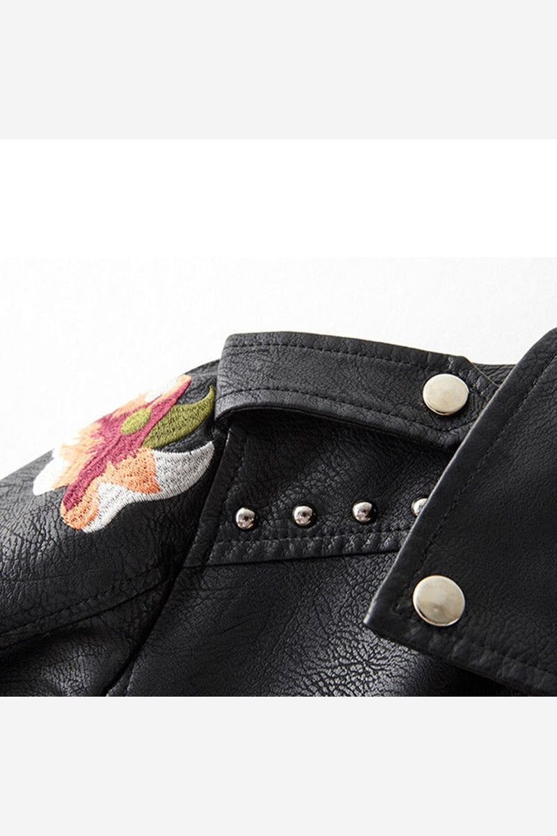 Women's Floral Embroidered Biker Jacket – Studded Zip Up