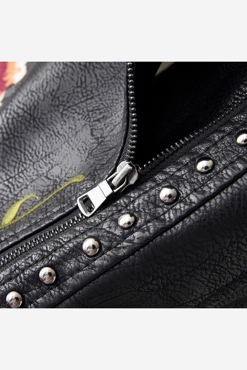 Women's Floral Embroidered Biker Jacket – Studded Zip Up