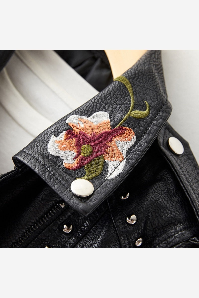 Women's Floral Embroidered Biker Jacket – Studded Zip Up