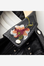 Women's Floral Embroidered Biker Jacket – Studded Zip Up