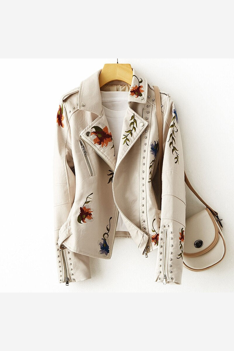 Women's Floral Embroidered Biker Jacket – Studded Zip Up