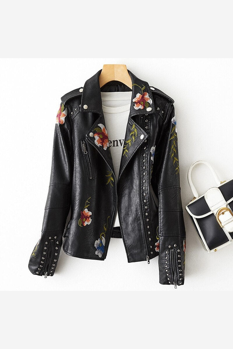 Women's Floral Embroidered Biker Jacket – Studded Zip Up