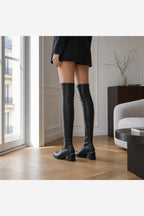 Women's Black Over the Knee Boots – Stretch Pull On Block Heel