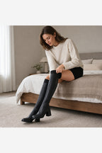 Women's Black Over the Knee Boots – Stretch Pull On Block Heel