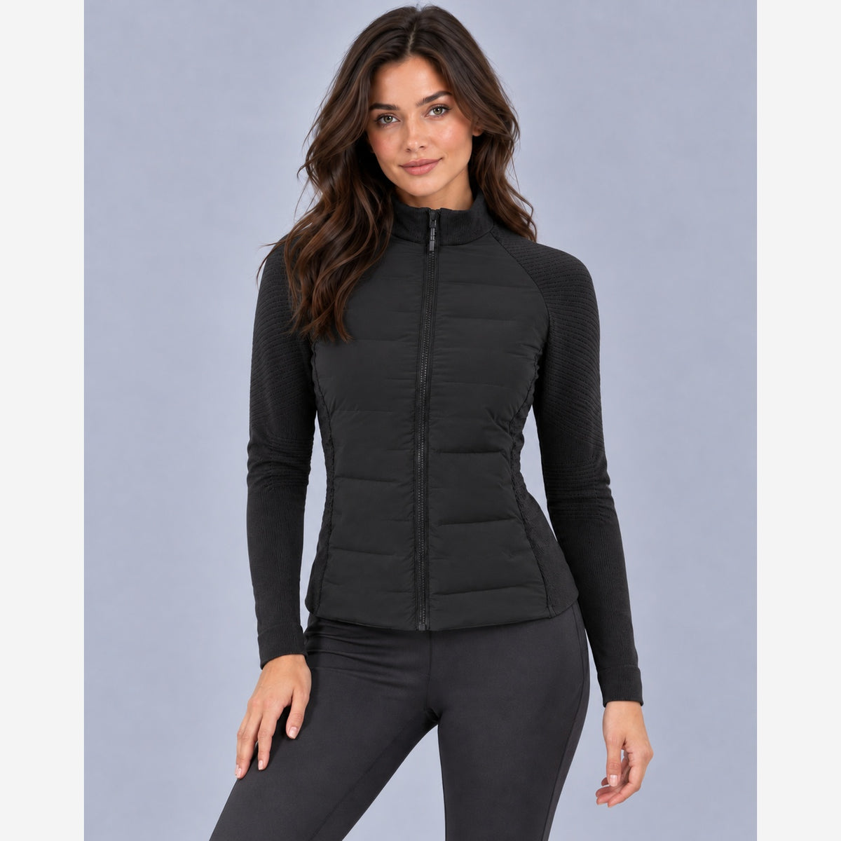 Women's Hybrid Puffer Jacket – Slim Fit Quilted Body Knit Sleeves