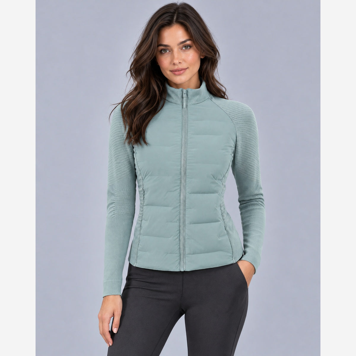 Women's Hybrid Puffer Jacket – Slim Fit Quilted Body Knit Sleeves