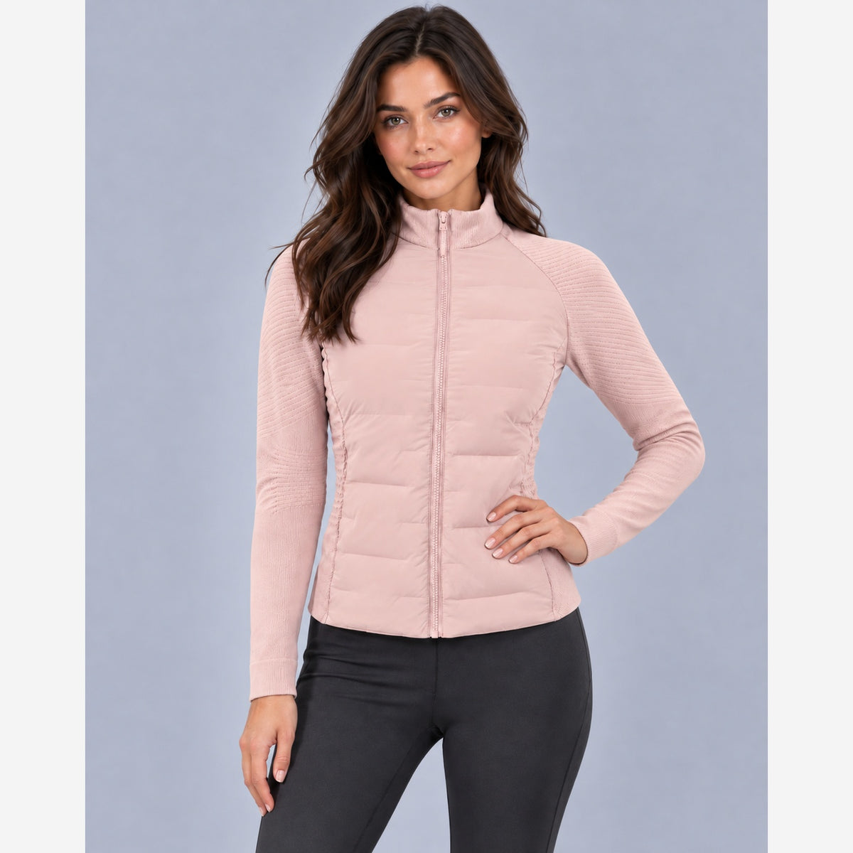 Women's Hybrid Puffer Jacket – Slim Fit Quilted Body Knit Sleeves