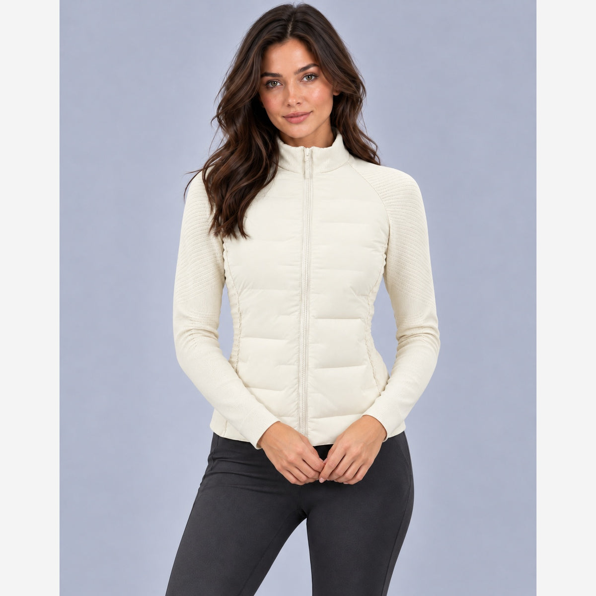 Women's Hybrid Puffer Jacket – Slim Fit Quilted Body Knit Sleeves