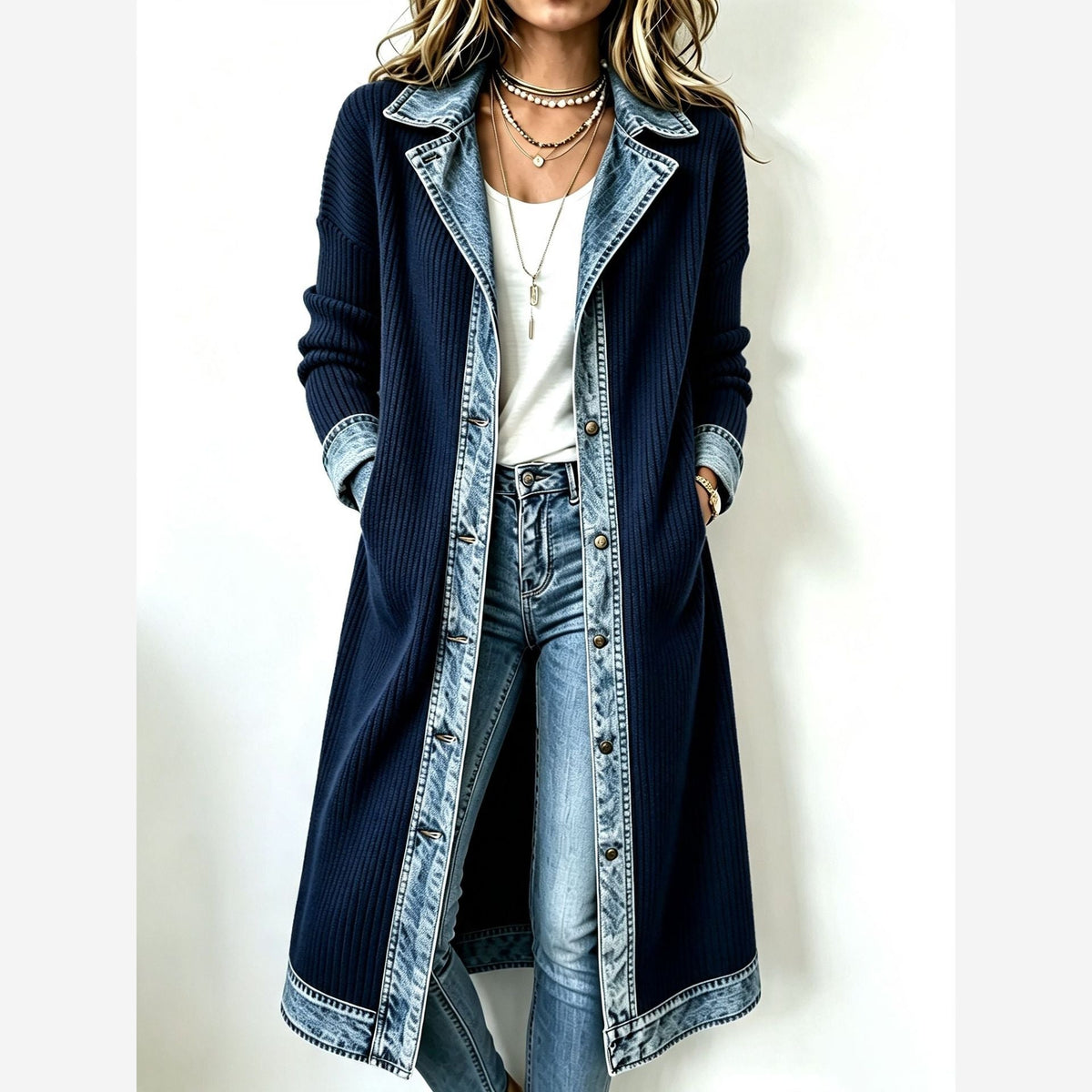 Women's Longline Ribbed Knit Cardigan – Relaxed Fit Denim Trim
