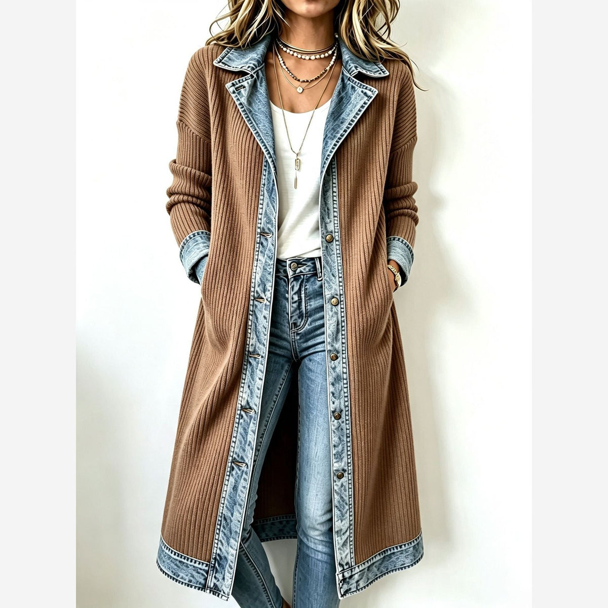 Women's Longline Ribbed Knit Cardigan – Relaxed Fit Denim Trim