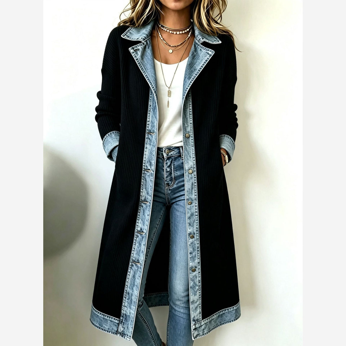 Women's Longline Ribbed Knit Cardigan – Relaxed Fit Denim Trim