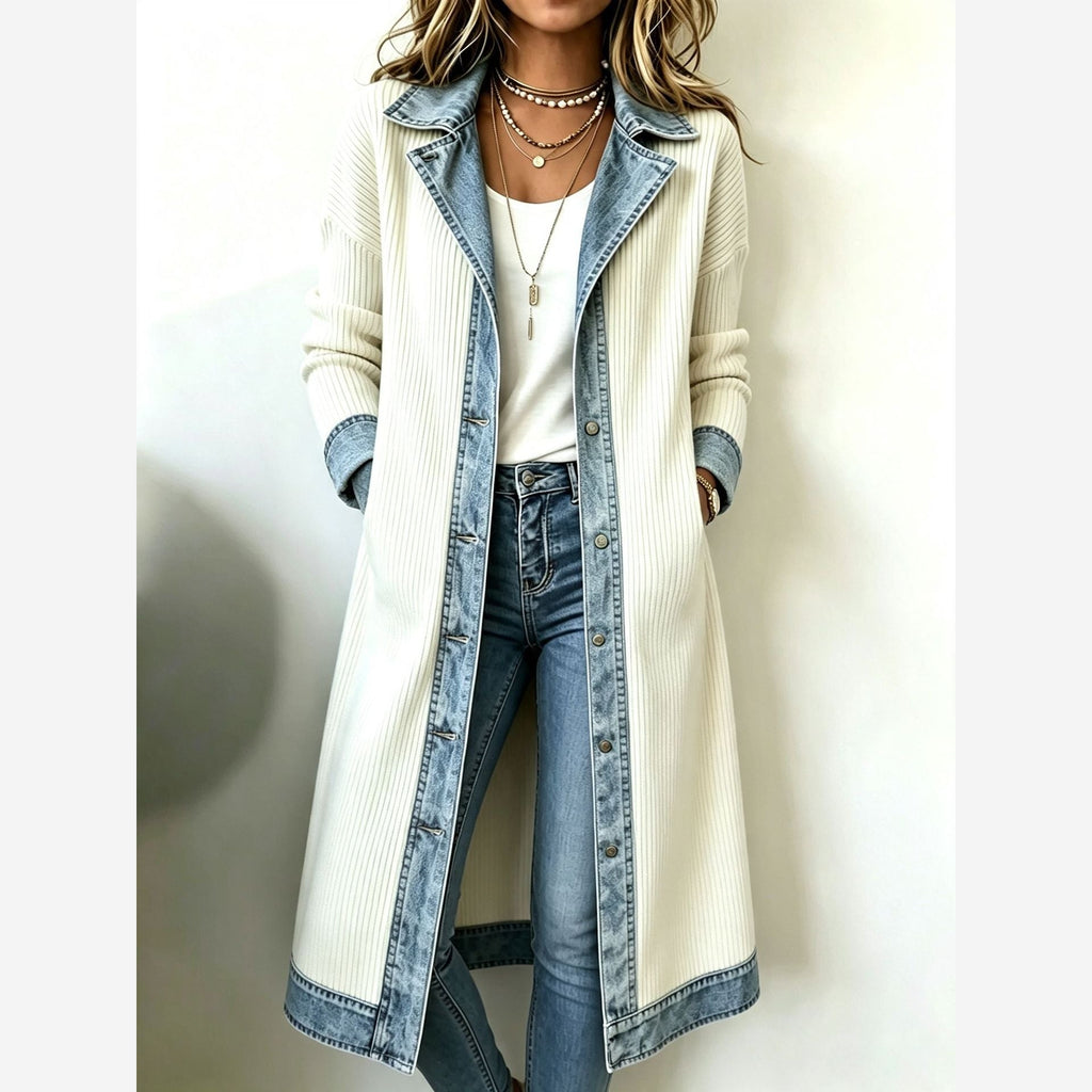 Women's Longline Ribbed Knit Cardigan – Relaxed Fit Denim Trim