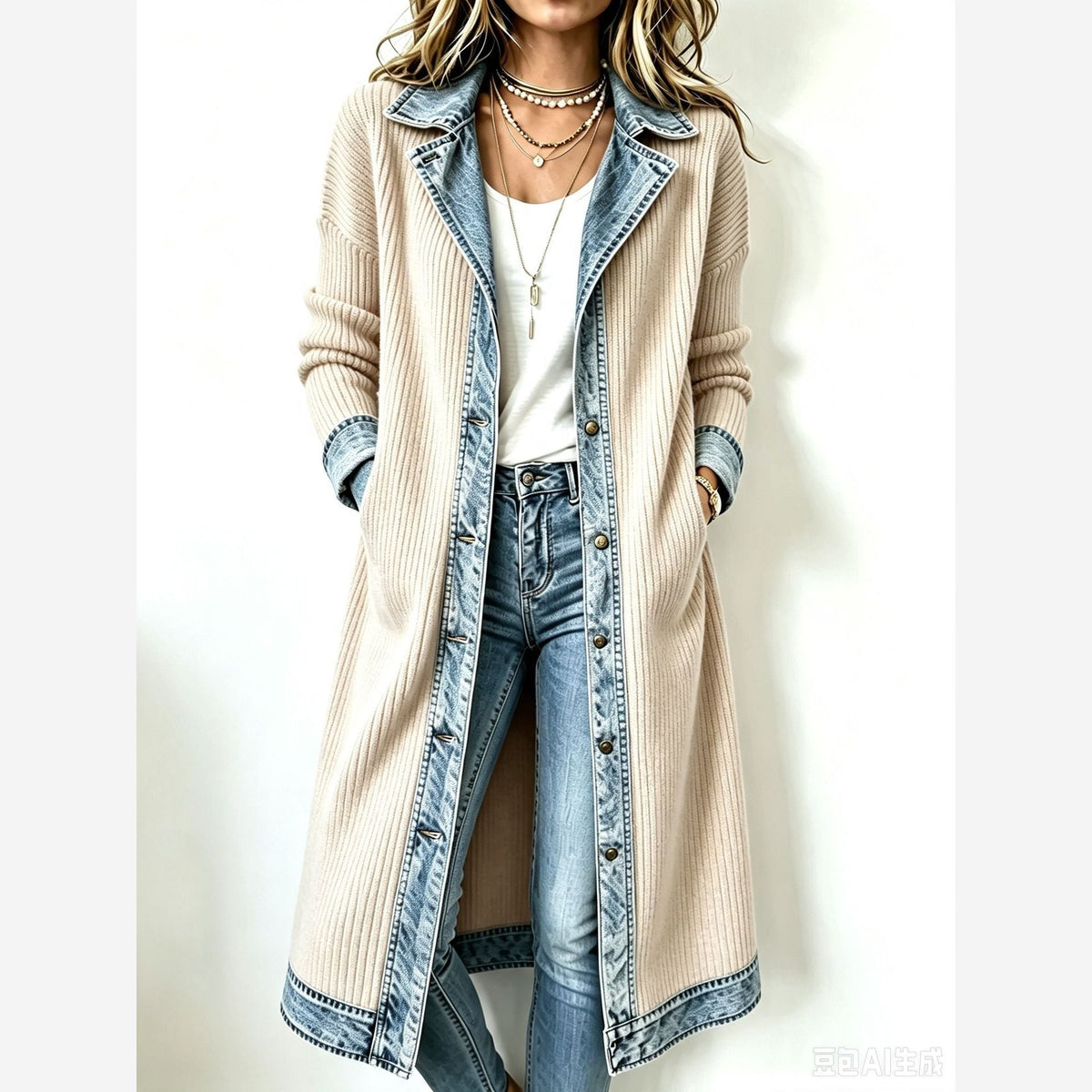 Women's Longline Ribbed Knit Cardigan – Relaxed Fit Denim Trim