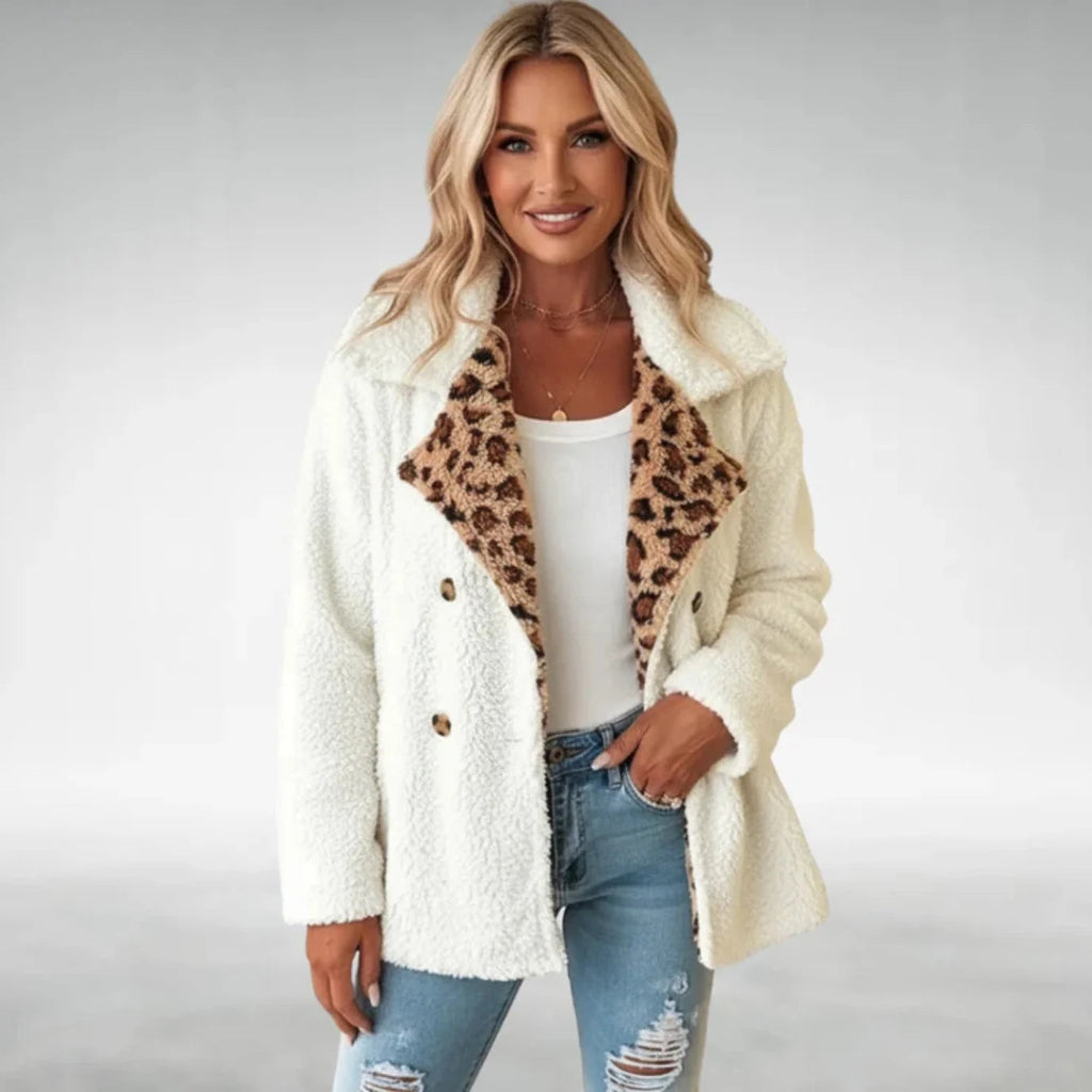 Women's Teddy Fleece Coat – Leopard Print Lapel Double Breasted